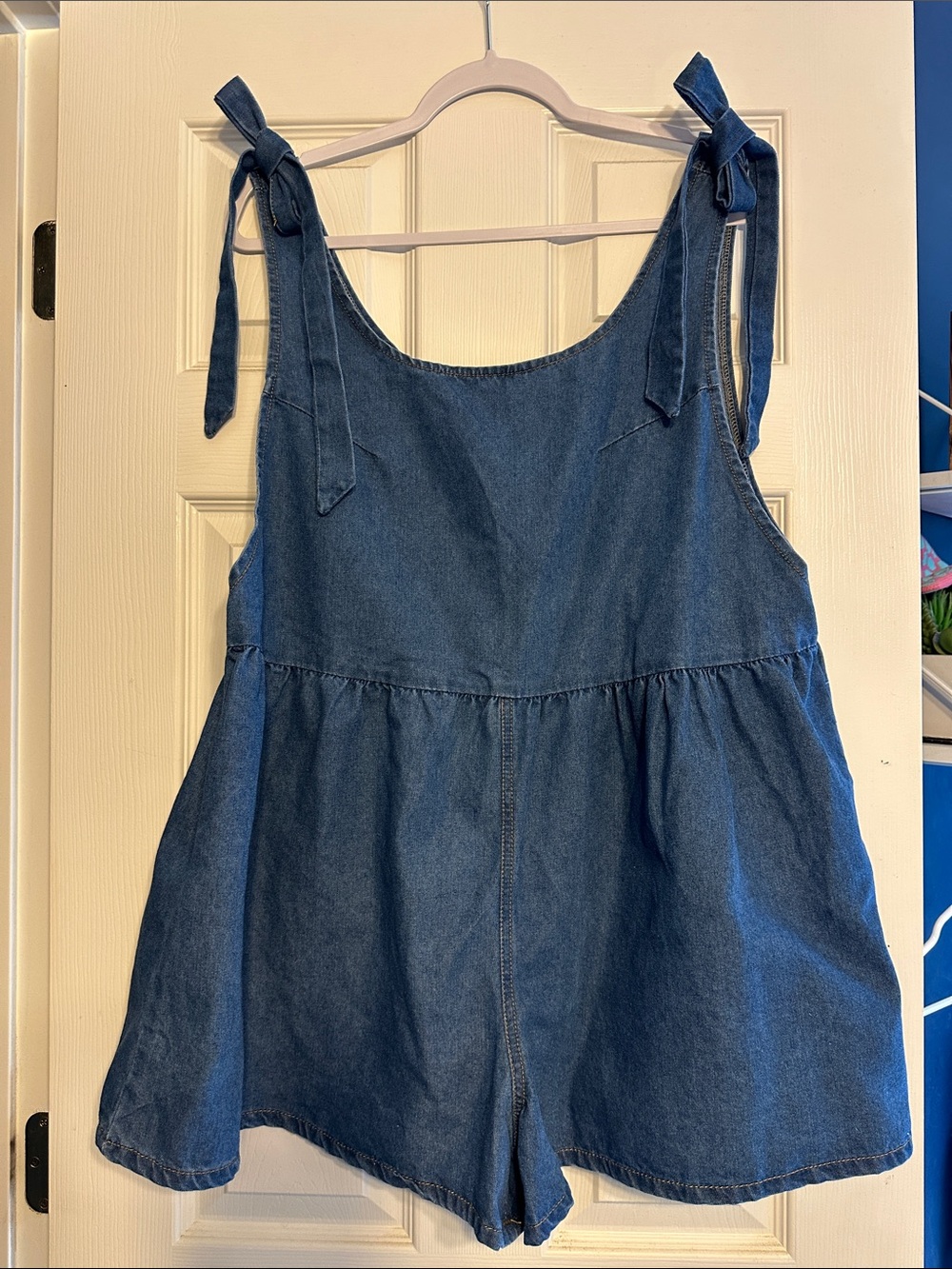 SHEIN Blue Denim Tie-Shoulder Girls' Romper